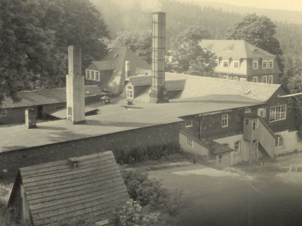 Historische Aufnahme: Blick über Flachdächer mit hohem Schornstein auf Häuser am Waldhang