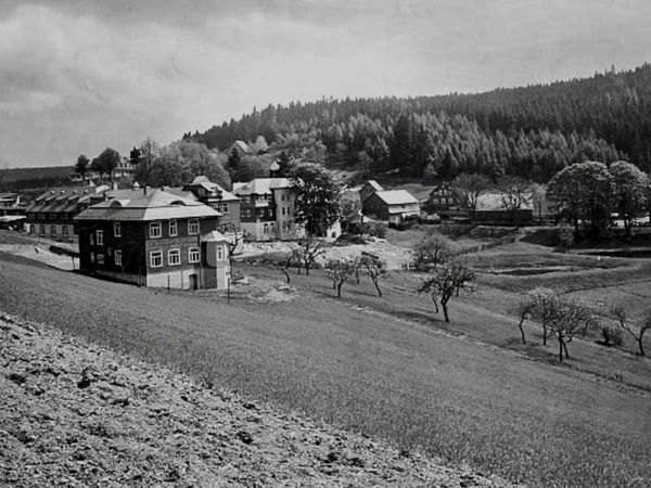 Historische Aufnahme: Blick über Feld und Obstwiese auf das Dorf vor bewaldeten Hügeln