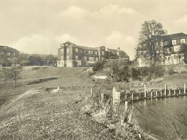Historische Aufnahme: Blick über Wiese und Teich mit Holzzaun auf große Gebäude am Hang