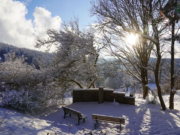 Verschneiter Aussichtsplatz mit zwei Bänken und Steinmauer, Blick ins bewaldete Tal